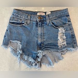 Vibrant MIU High Rise cut off Distressed Jean Shorts Jrs Large Blue